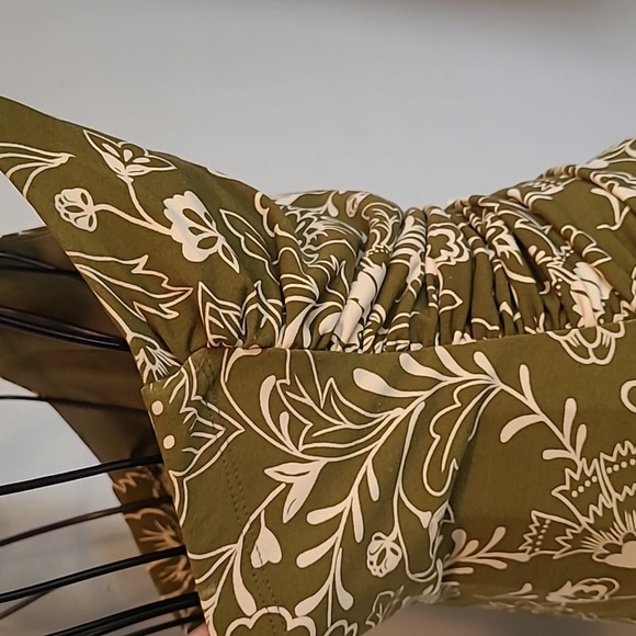 Vintage Y2K Slinky Floral Halter Dress Olive Green Light Cream Ruched Waist Sz M - Picture 8 of 13